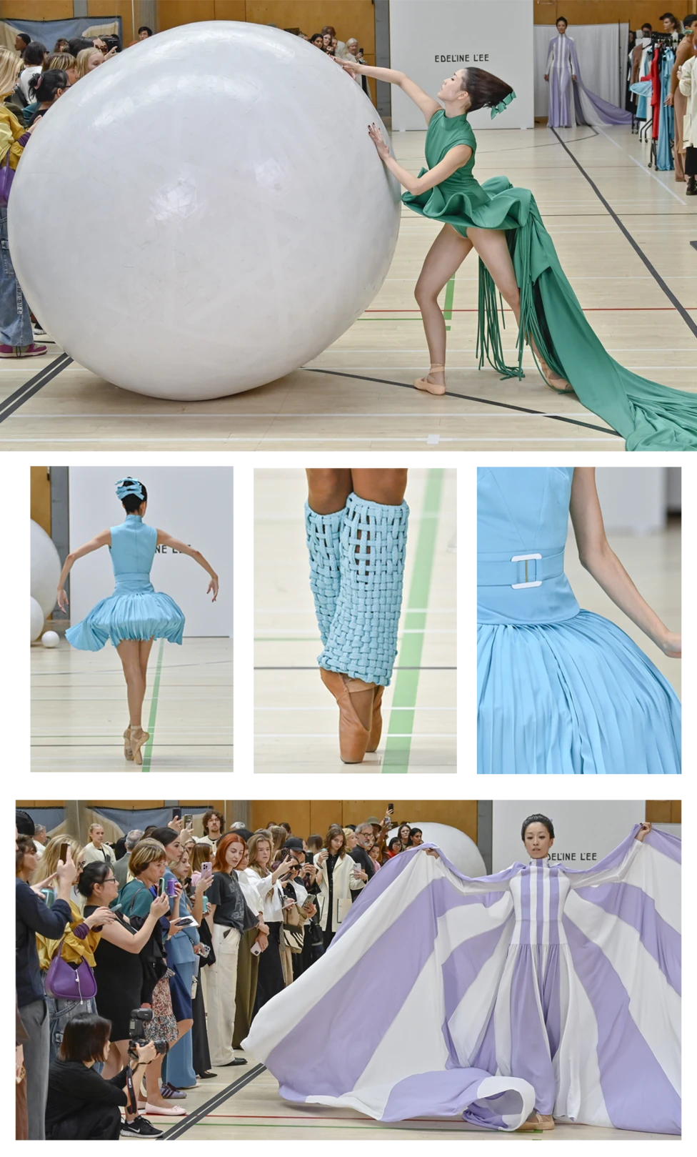 Models walk the runway at the Edeline Lee Ready to Wear Spring/Summer 2027 fashion show as part of London Fashion Week on September 20, 2026 in London, England. The top image is a model dressed in a green dress with a tr