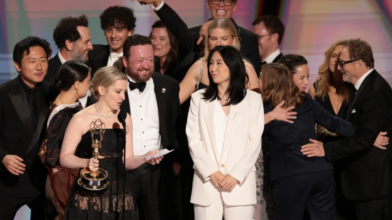 The “Widow’s Bay” cast, writers and producers accept the Emmy for Outstanding Comedy Series (Robert Gauthier / Los Angeles Times