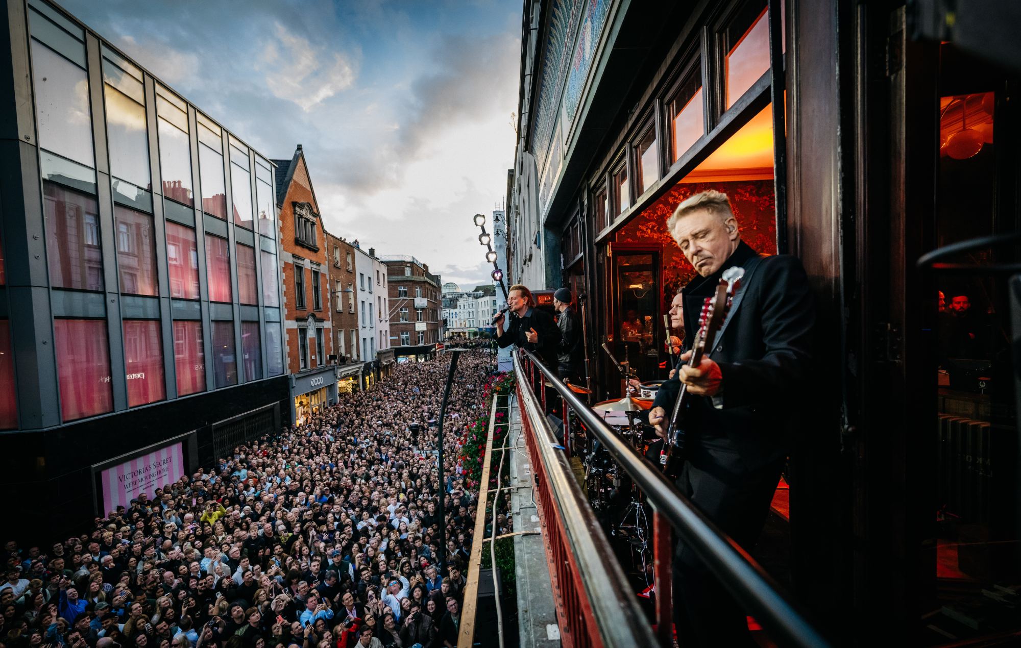 U2 live at Grafton Street, Dublin.
