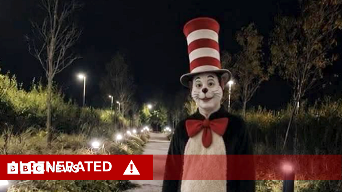 An AI-generated image of the Cat in the Hat which was circulated online - the fictional character wears its red and white hat and stands in the middle of a pathway at night.