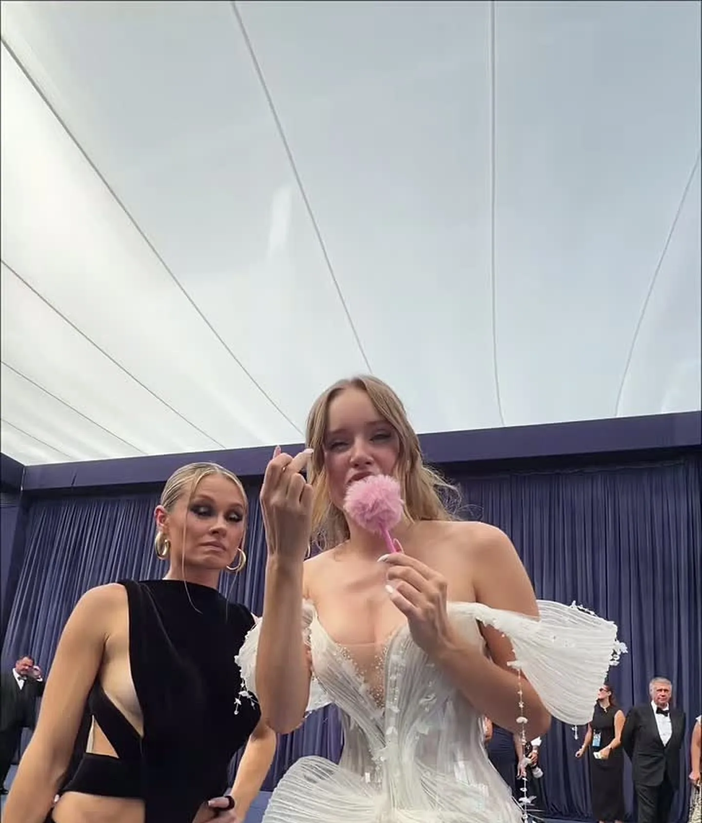 Inside the Emmys arrivals tent at the Peacock Theater, September 14, 2026