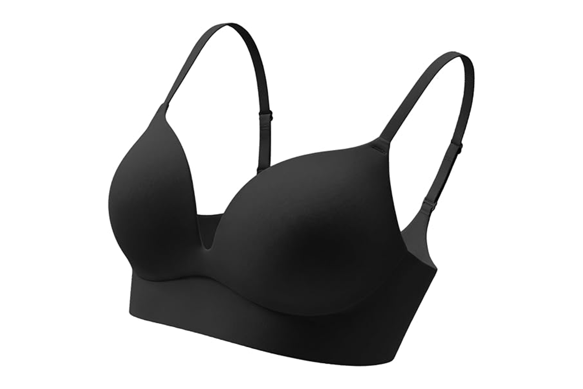 Black wireless bra with adjustable straps.