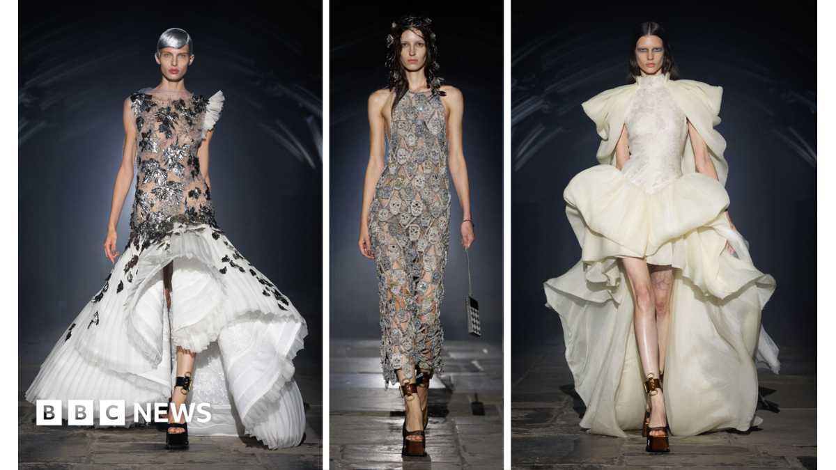 Models on the runway for McQueen’s London Fashion Week show at Lincoln's Inn Chapel