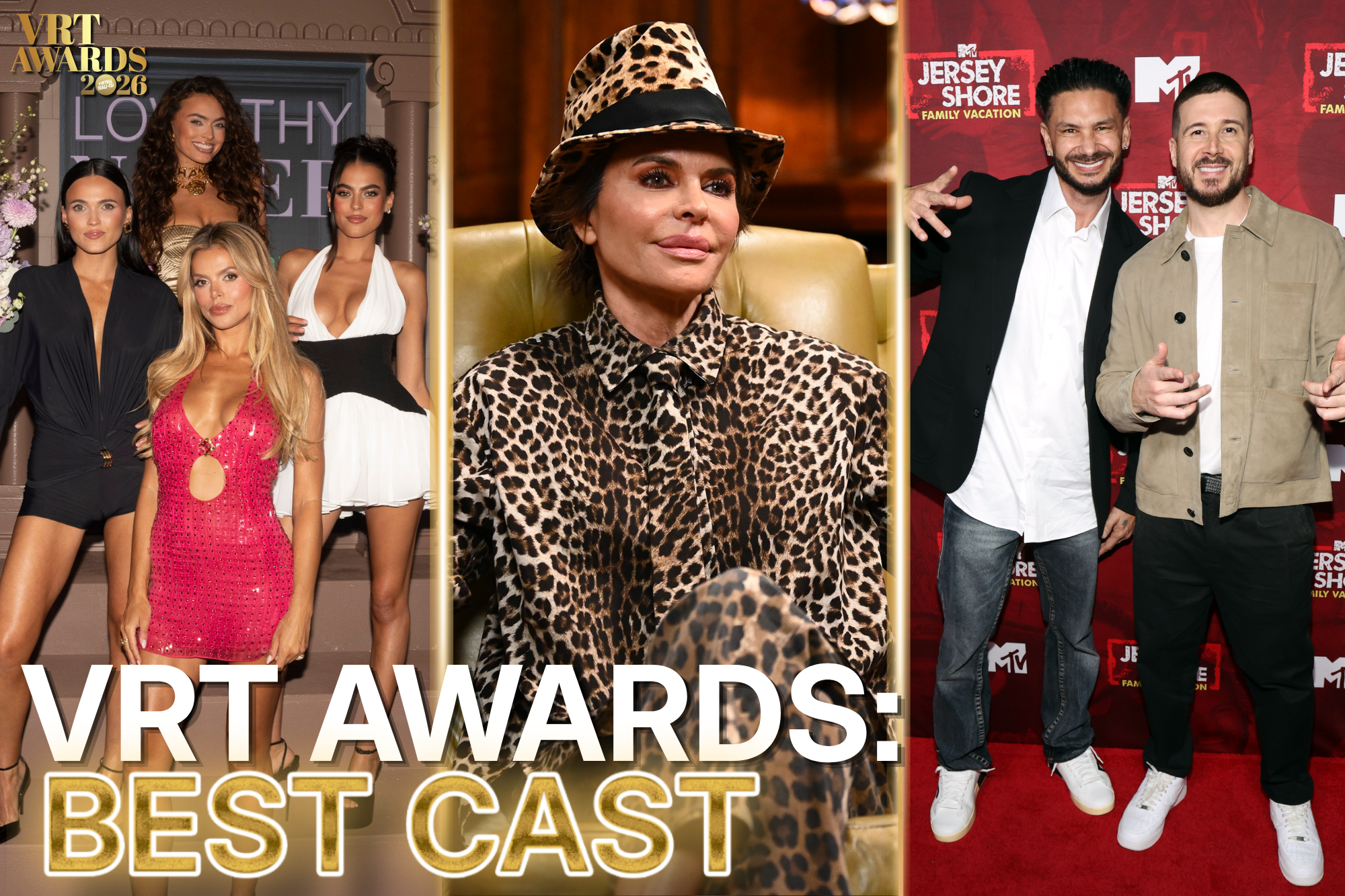 A graphic highlighting reality TV stars nominated for Best Cast at the 2026 VRT Awards.
