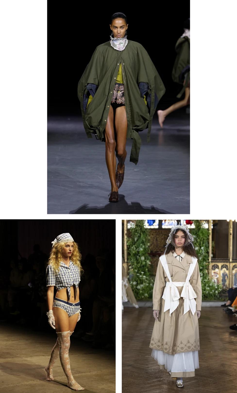 Models walk the runway at the Erdem, Yuhan Wang and Bora Aksu shows at London Fashion Week SS27. The top image features a khaki parka, bottom left is cropped top and pants in gingham with a matching bandana, and bottom r