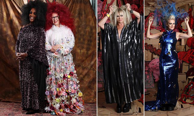 Alison Hammond and Prue Leith posing in large wigs at London Fashion Week