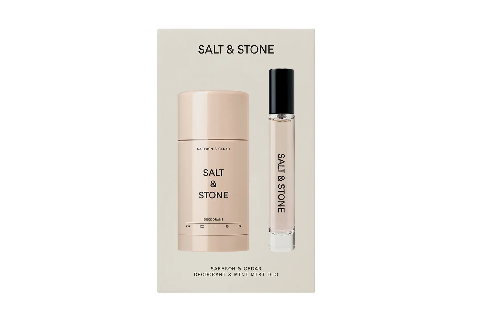 Salt & Stone Saffron & Cedar deodorant and mini mist duo packaging.