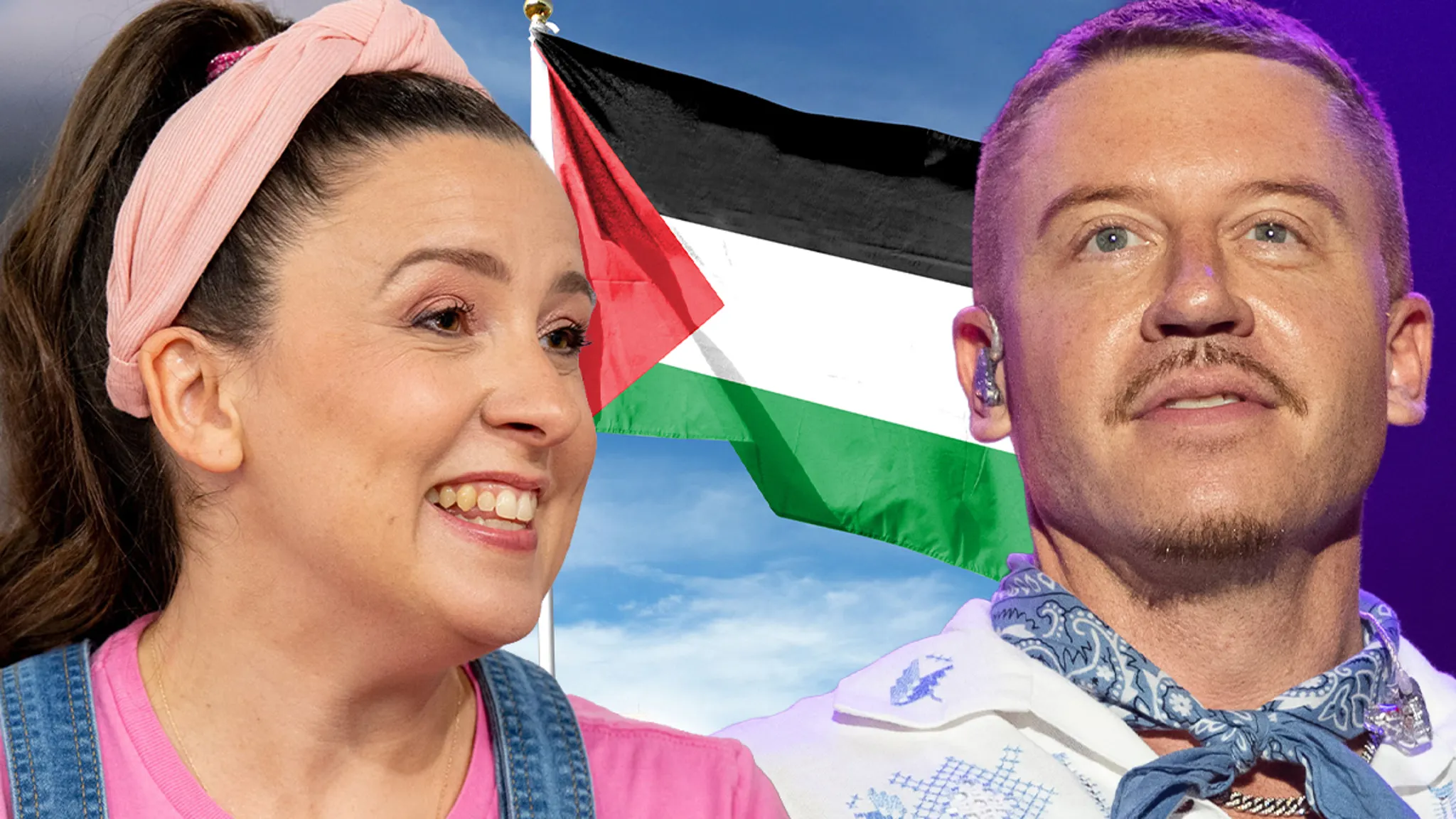Ms. Rachel and Macklemore side-by-side graphic highlighting $1 million donation pledge