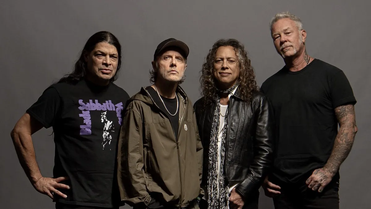 Metallica performing on a massive stadium stage during their M72 World Tour
