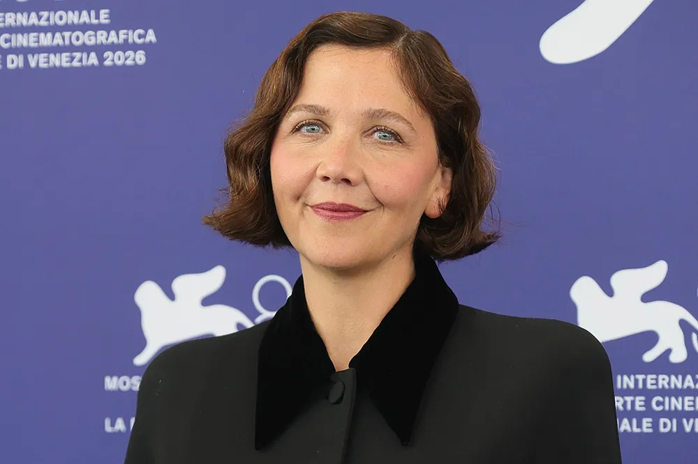 Maggie Gyllenhaal speaking at a press conference at the Venice Film Festival.