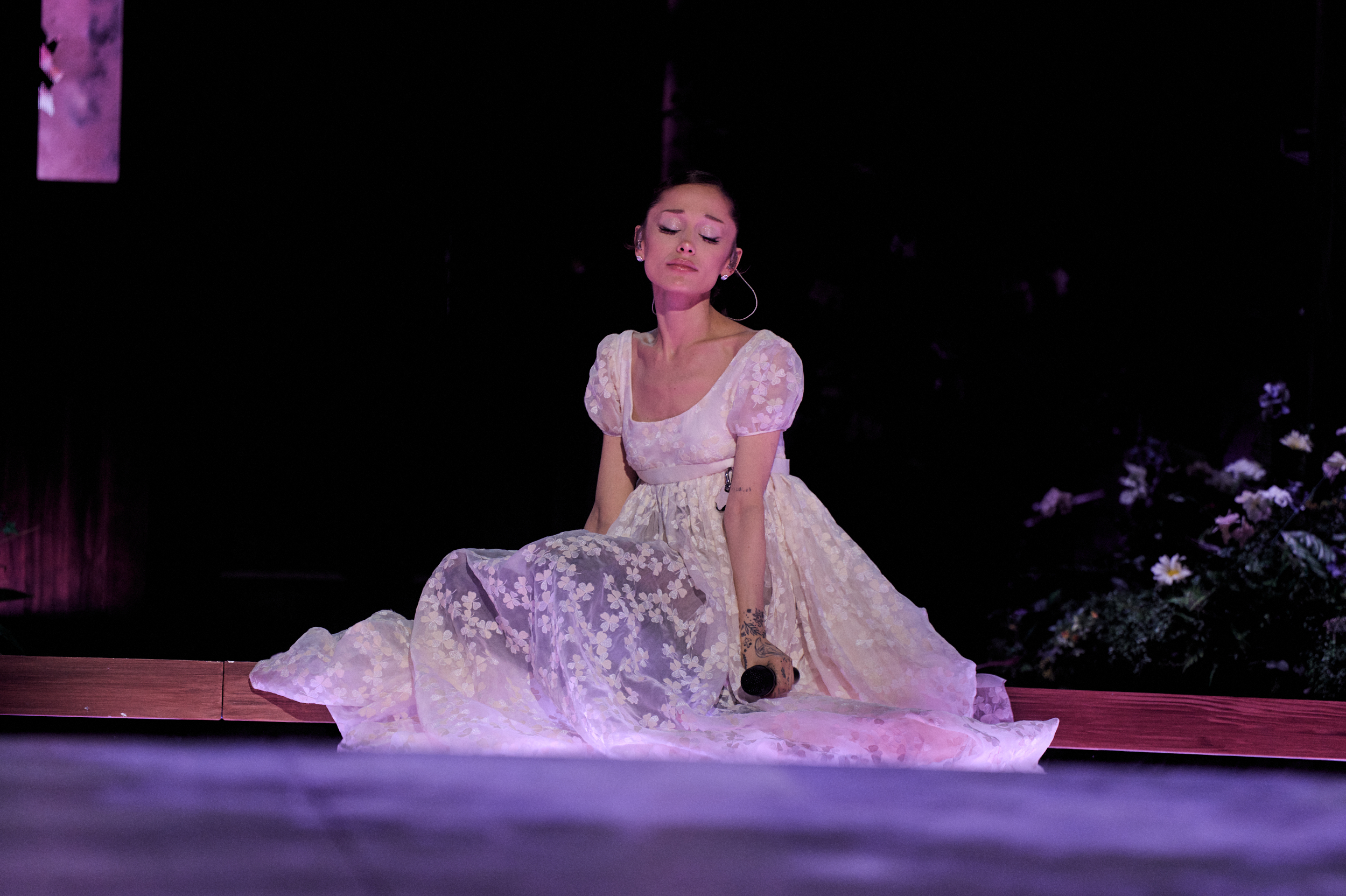Ariana Grande performing on stage during her Eternal Sunshine tour final show in London
