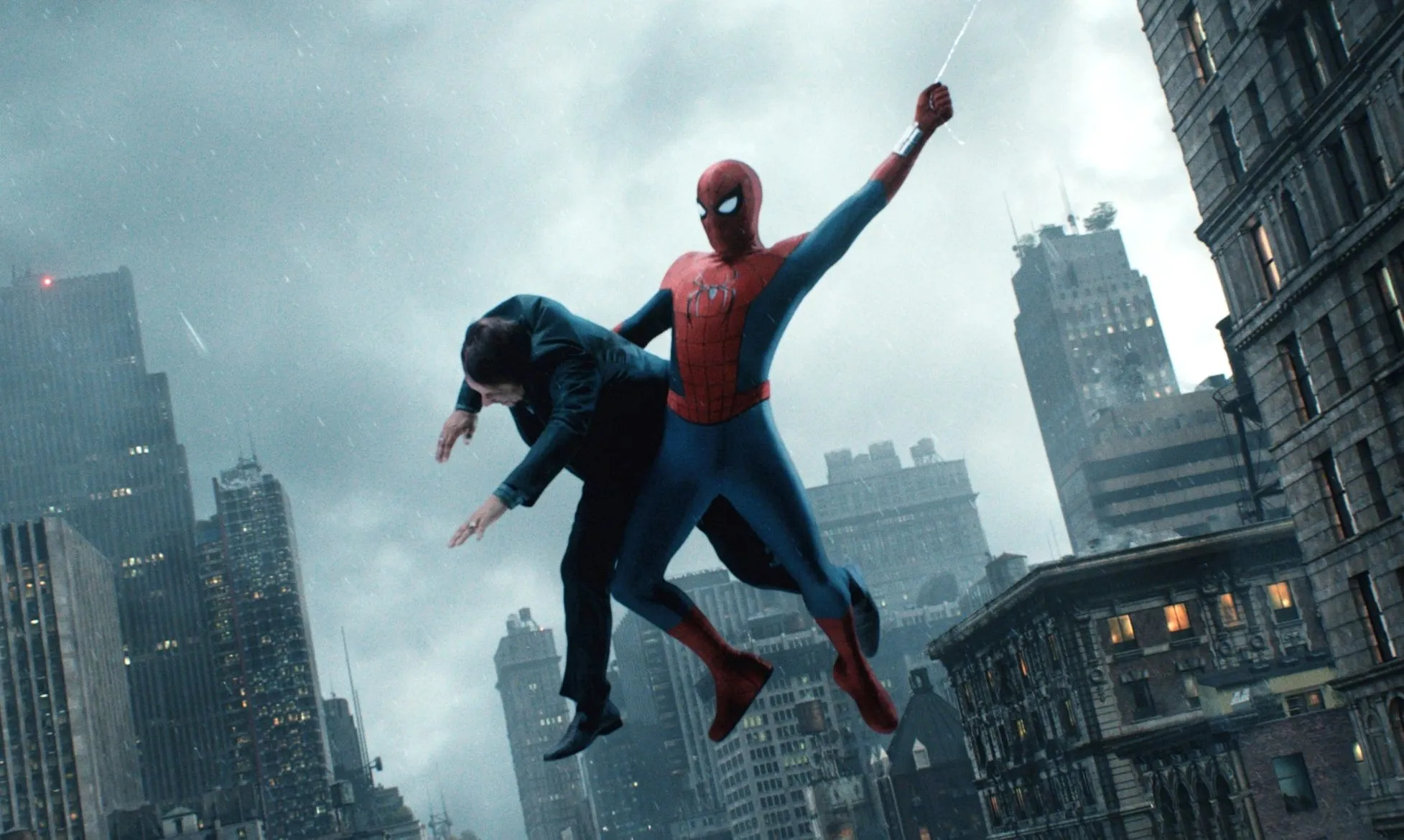 Spider-Man swinging through the city skyline in Spider-Man: Brand New Day