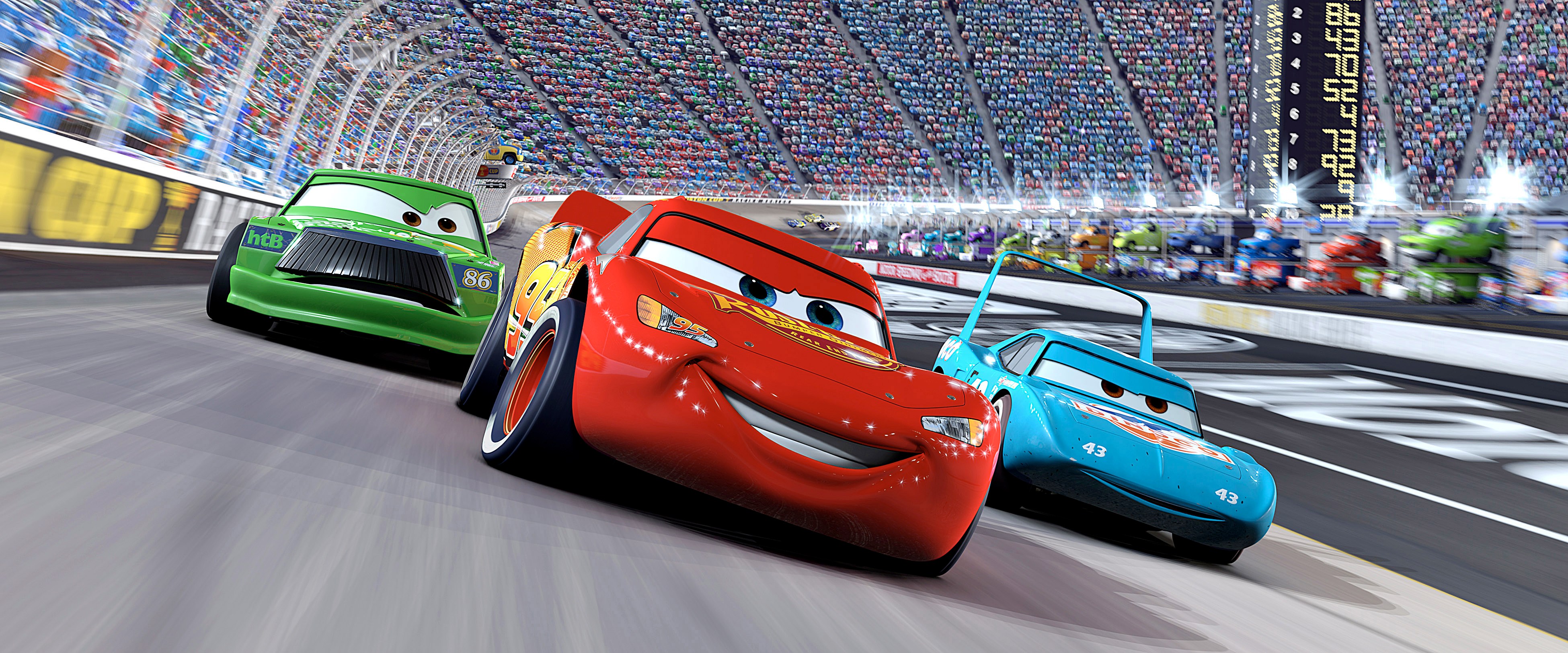 Lightning McQueen racing on the track in Pixar's animated film Cars