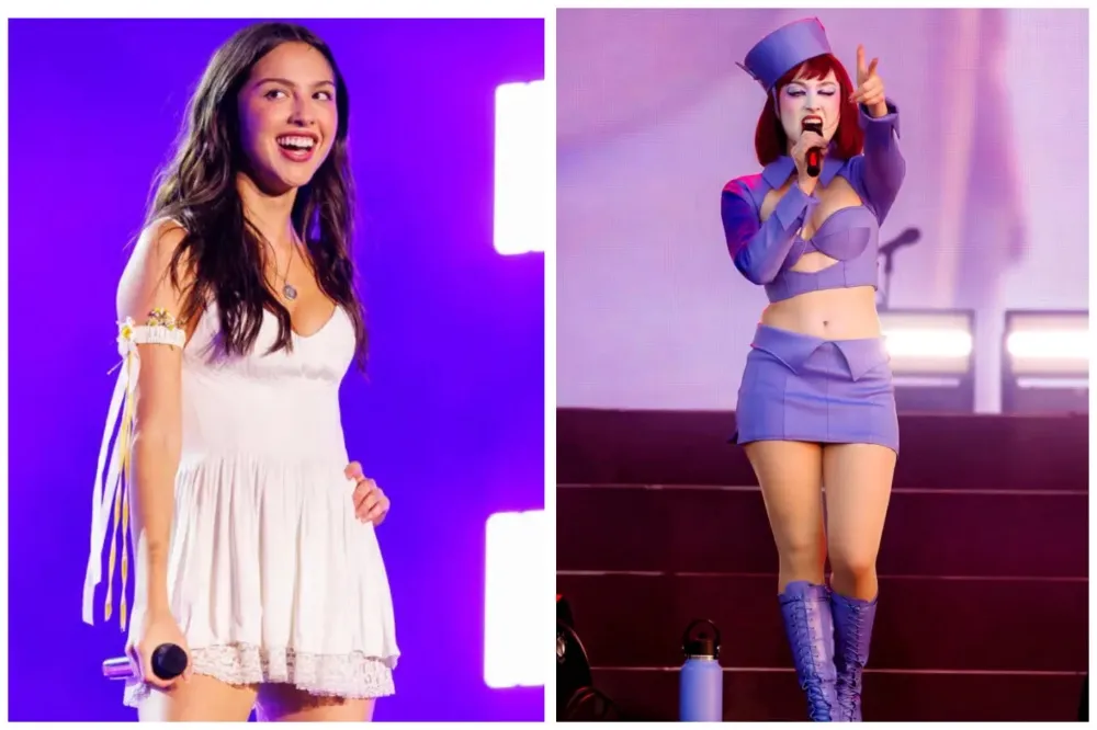 Olivia Rodrigo and Chappell Roan performing on stage at a festival