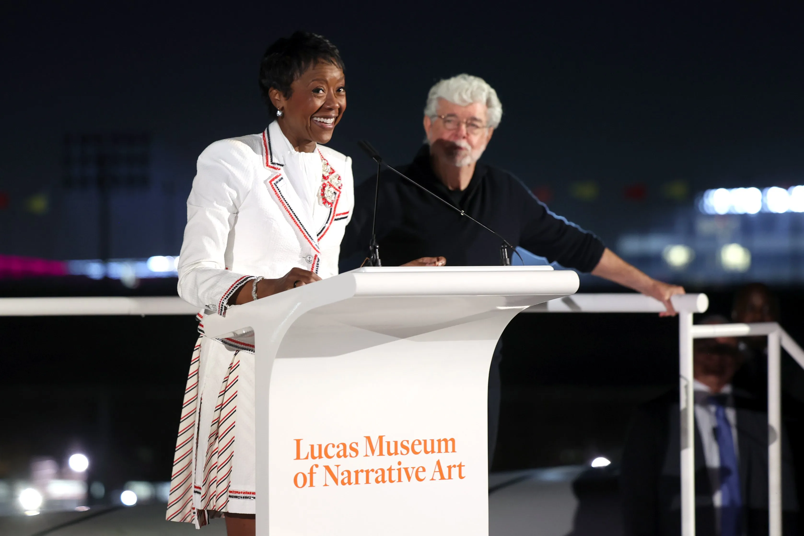 George Lucas and wife Mellody Hobson attending a preview event for the Lucas Museum of Narrative Art in Los Angeles