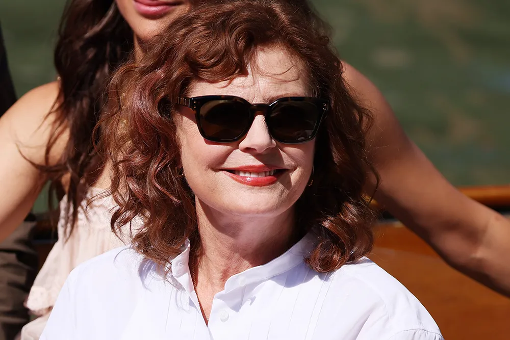 Susan Sarandon speaking at a press conference during the Venice Film Festival.