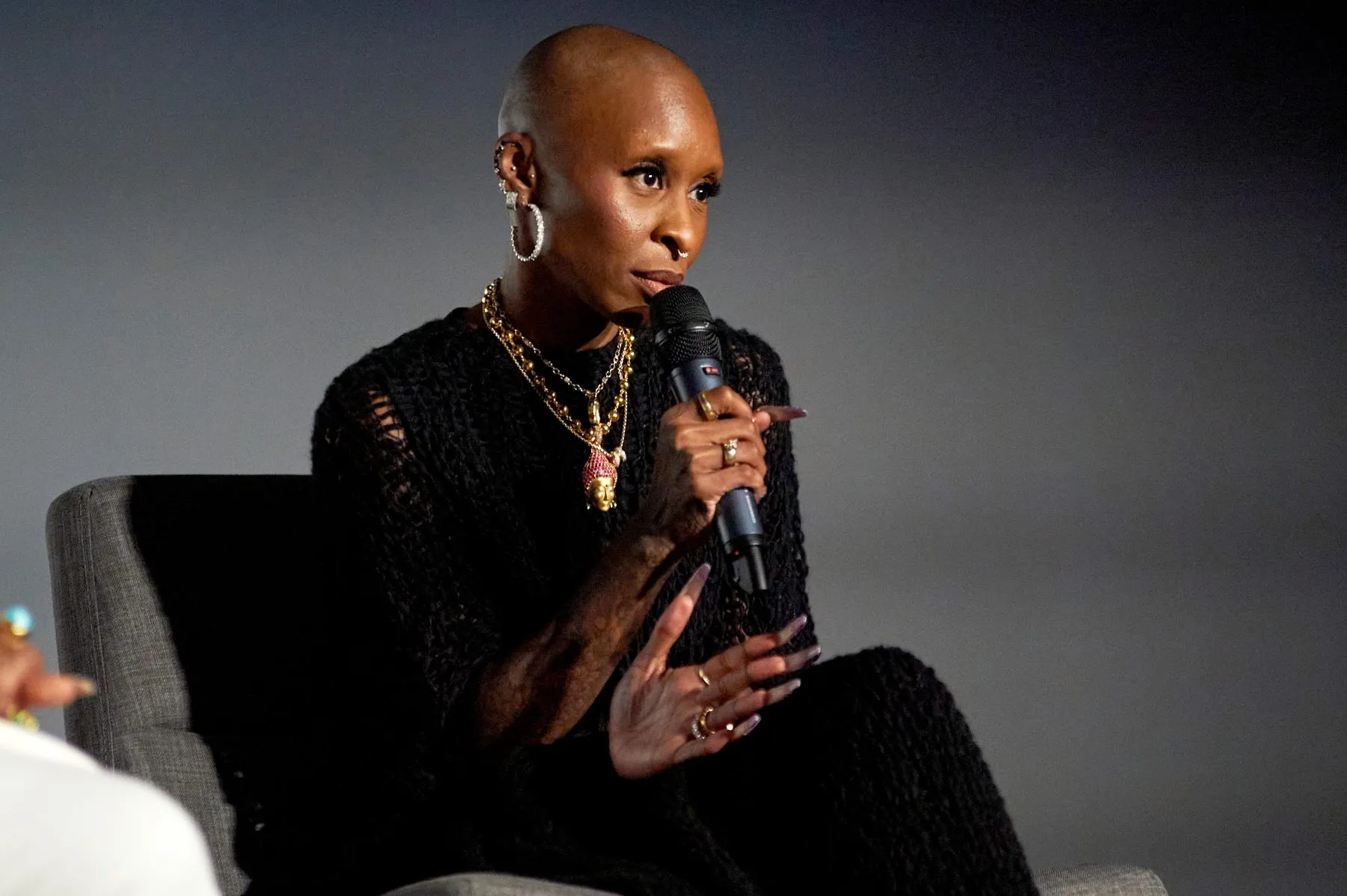 LOS ANGELES, CALIFORNIA - DECEMBER 02: Cynthia Erivo speaks onstage during a special "Wicked For Good" Q&A At The Harmony Gold Theater In Los Angeles, CA at Harmony Gold on December 02, 2025 in Los Angeles, California. (