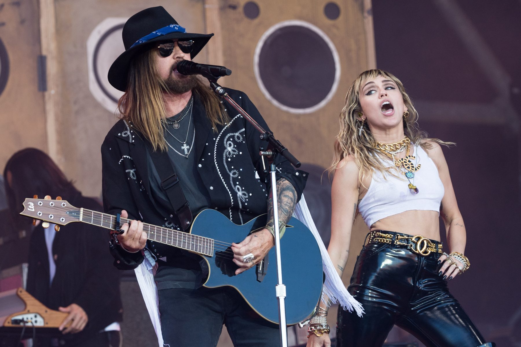 Billy Ray Cyrus and Miley Cyrus perform on the Pyramid stage on day five of Glastonbury Festival at Worthy Farm, Pilton on June 30, 2019, in Glastonbury, England.