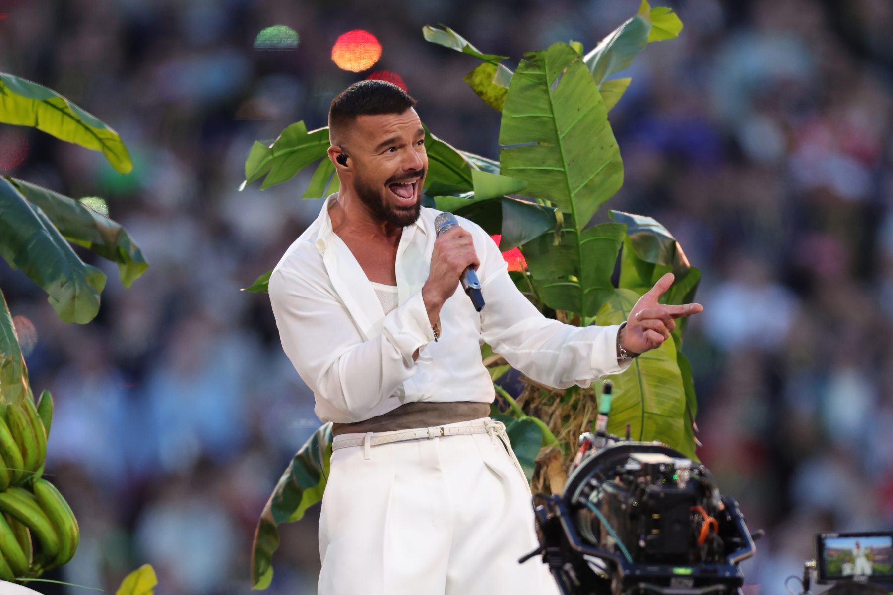 SANTA CLARA, CALIFORNIA - FEBRUARY 08: Ricky Martin performs with Bad Bunny onstage during the Apple Music Super Bowl LX Halftime Show at Levi's Stadium on February 08, 2026 in Santa Clara, California. (Photo by Ronald M