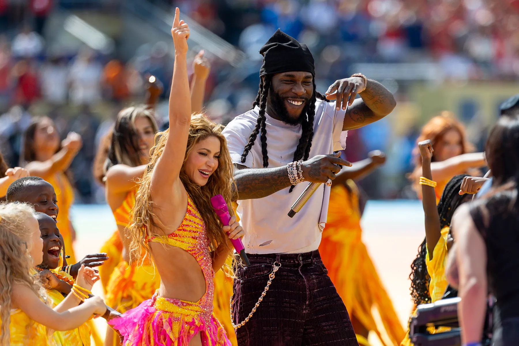 Shakira and Burna Boy perform at the halftime show at the FIFA World Cup Final match between Spain and Argentina on July 19, 2026, at New York New Jersey Stadium in East Rutherford, N.J.
