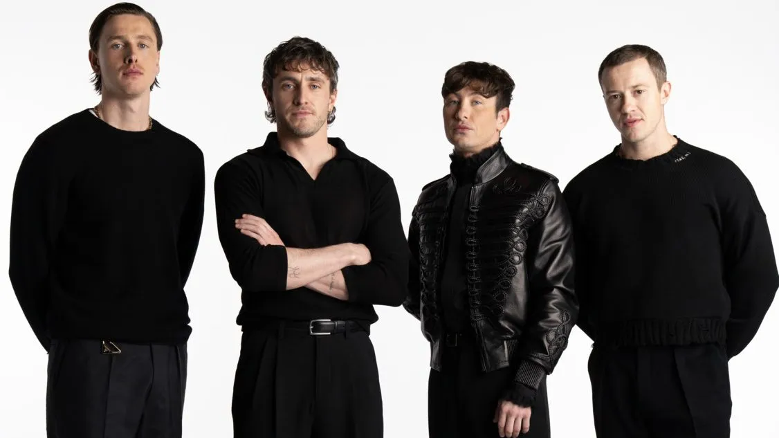 Actors Paul Mescal, Joseph Quinn, Barry Keoghan, and Harris Dickinson recreating The Beatles Abbey Road album cover