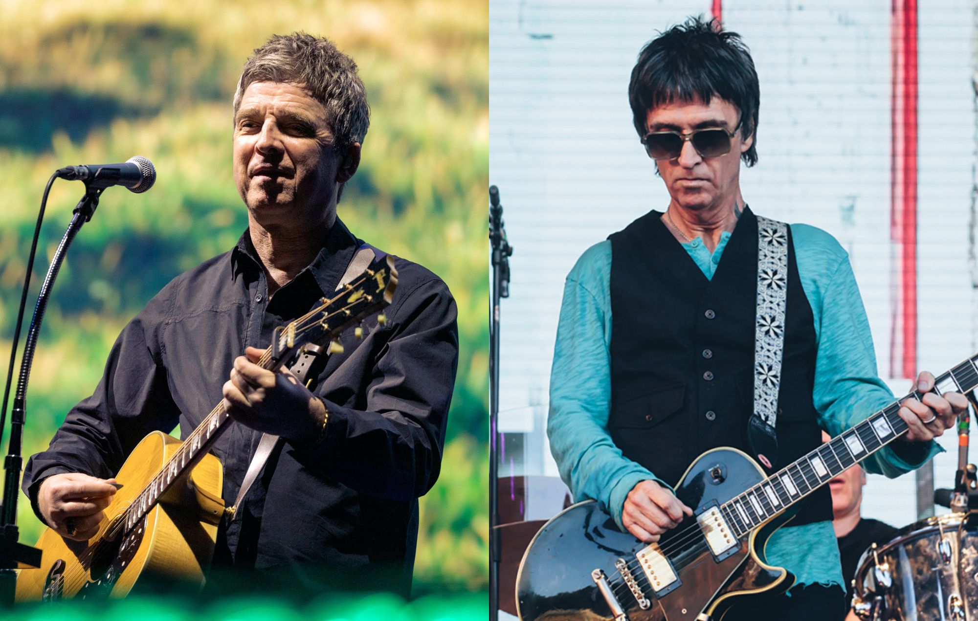 Noel Gallagher performing live on stage with his guitar