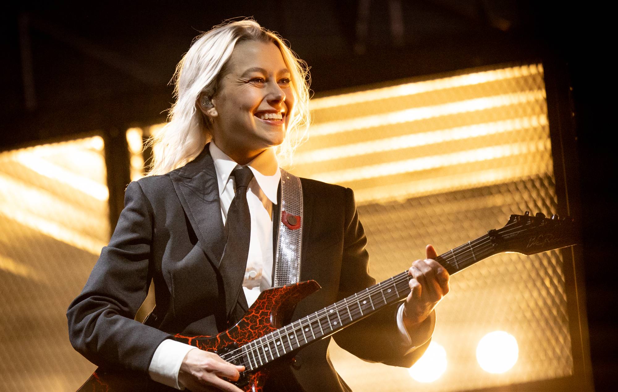 Phoebe Bridgers speaking at a listening party in Glendale California