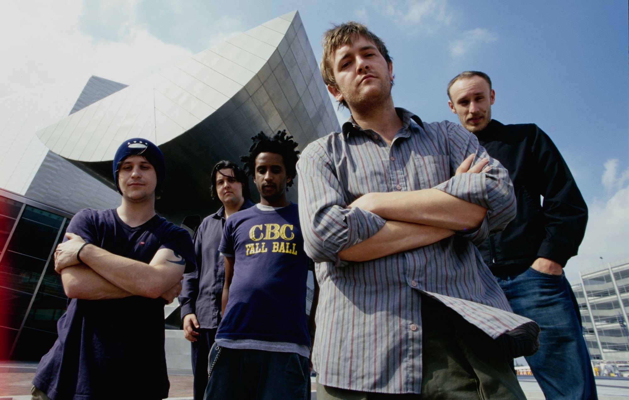 Elbow outside The Lowry arts centre at Salford Quays, in Salford, Greater Manchester, England, 2001.