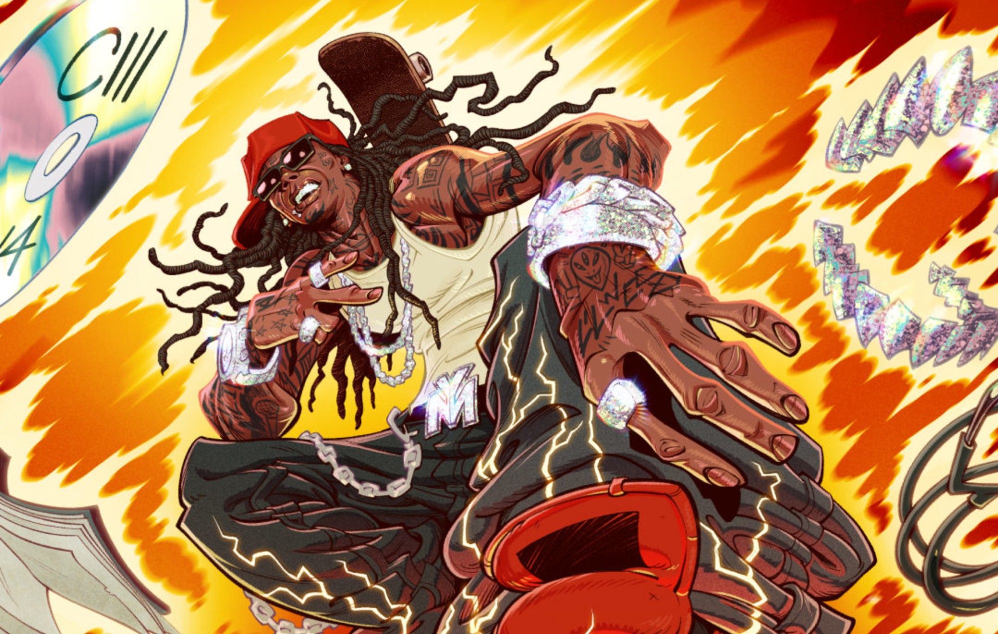 Lil Wayne Fortnite Icon Series skin concept showing glowing beat-reactive outfit