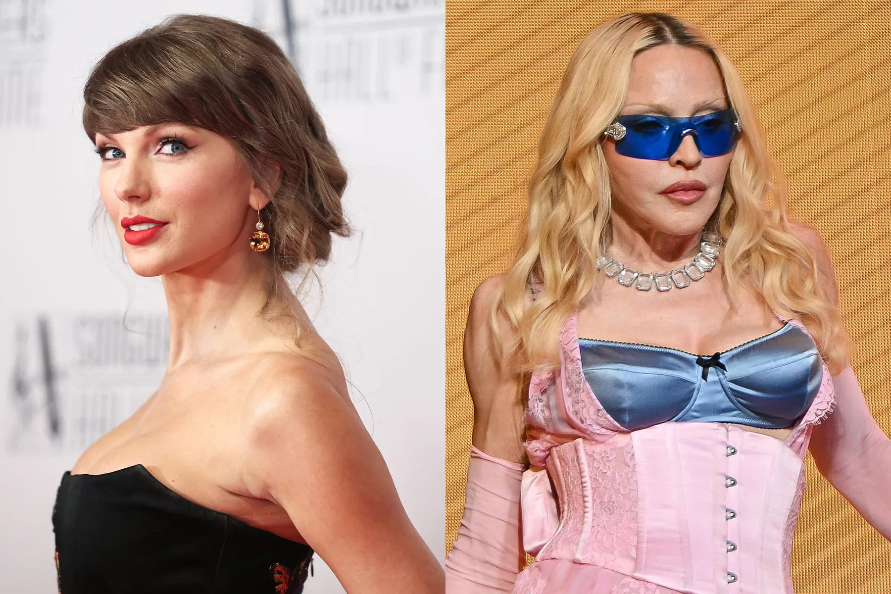 Taylor Swift and Madonna perform on stage at a major music event.