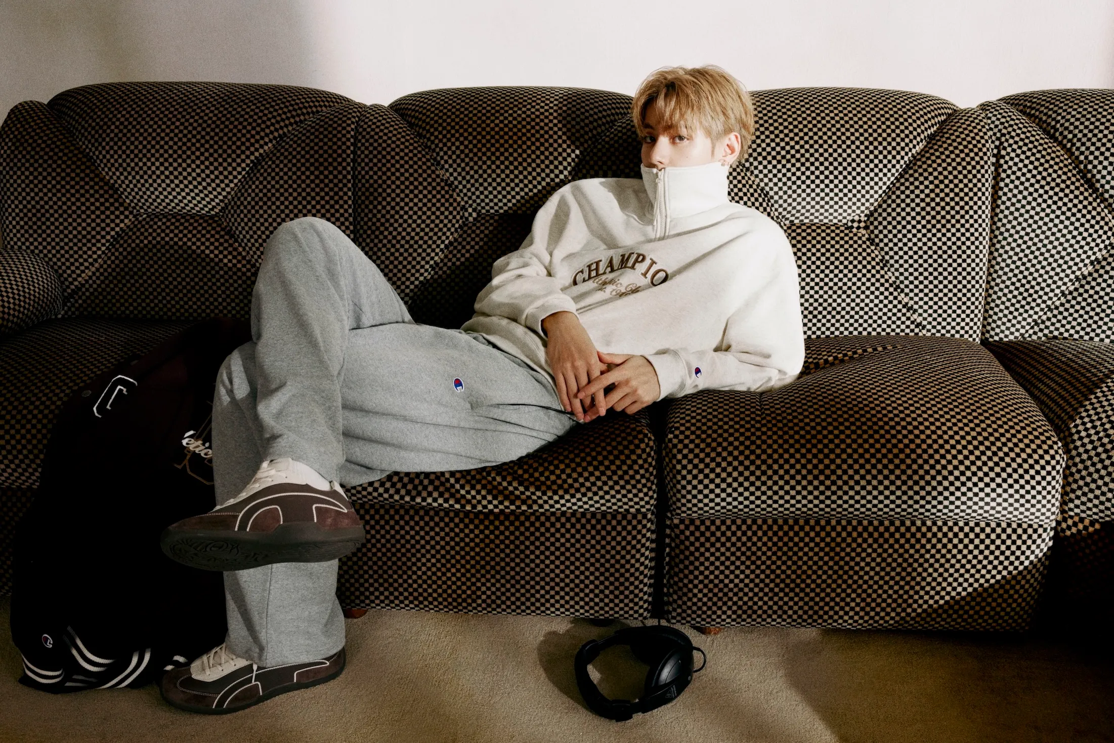 BTS star V modeling streetwear and cozy sweats in a Champion fashion campaign