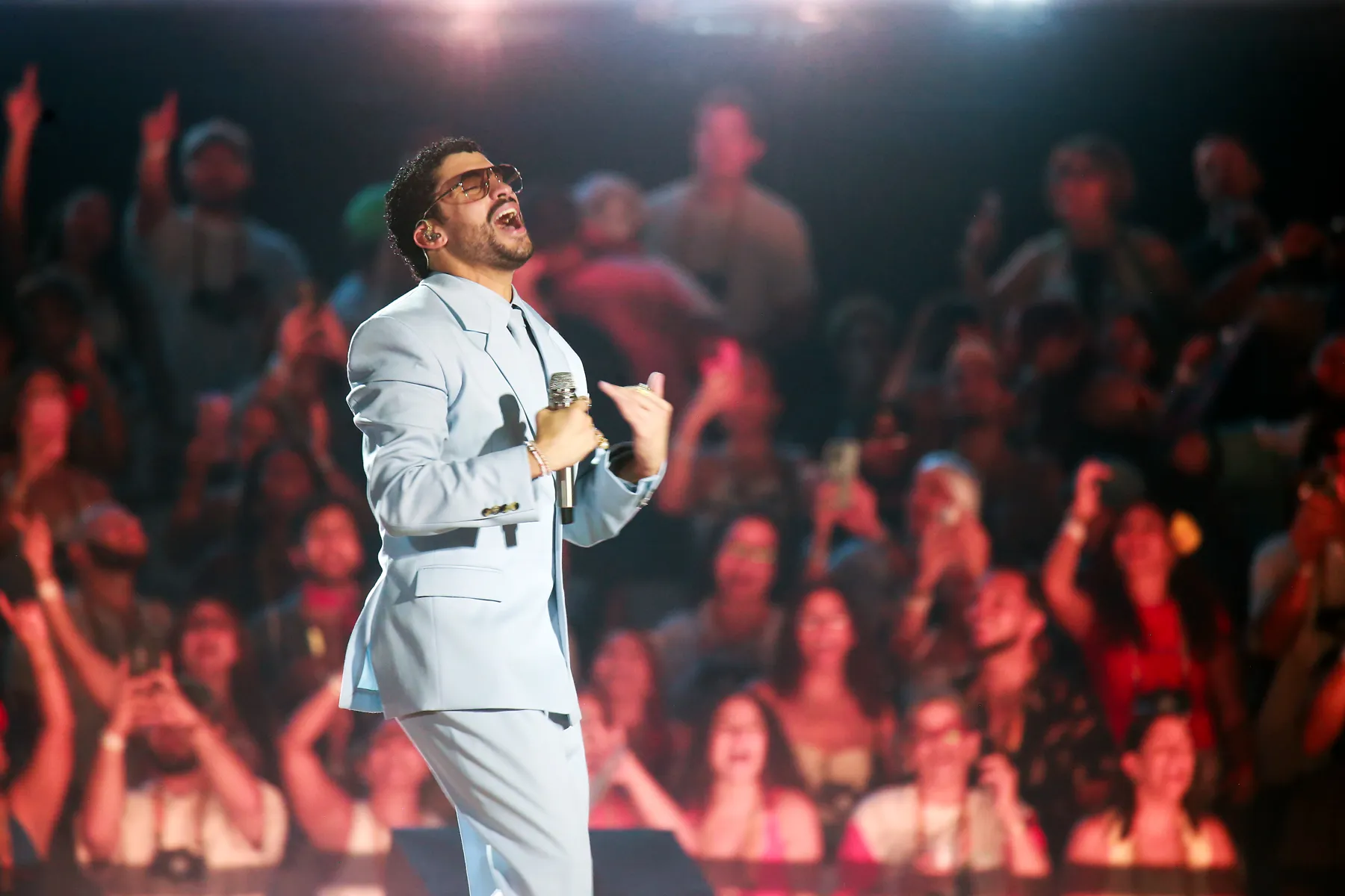 Bad Bunny performing live on stage during his historic concert tour finale
