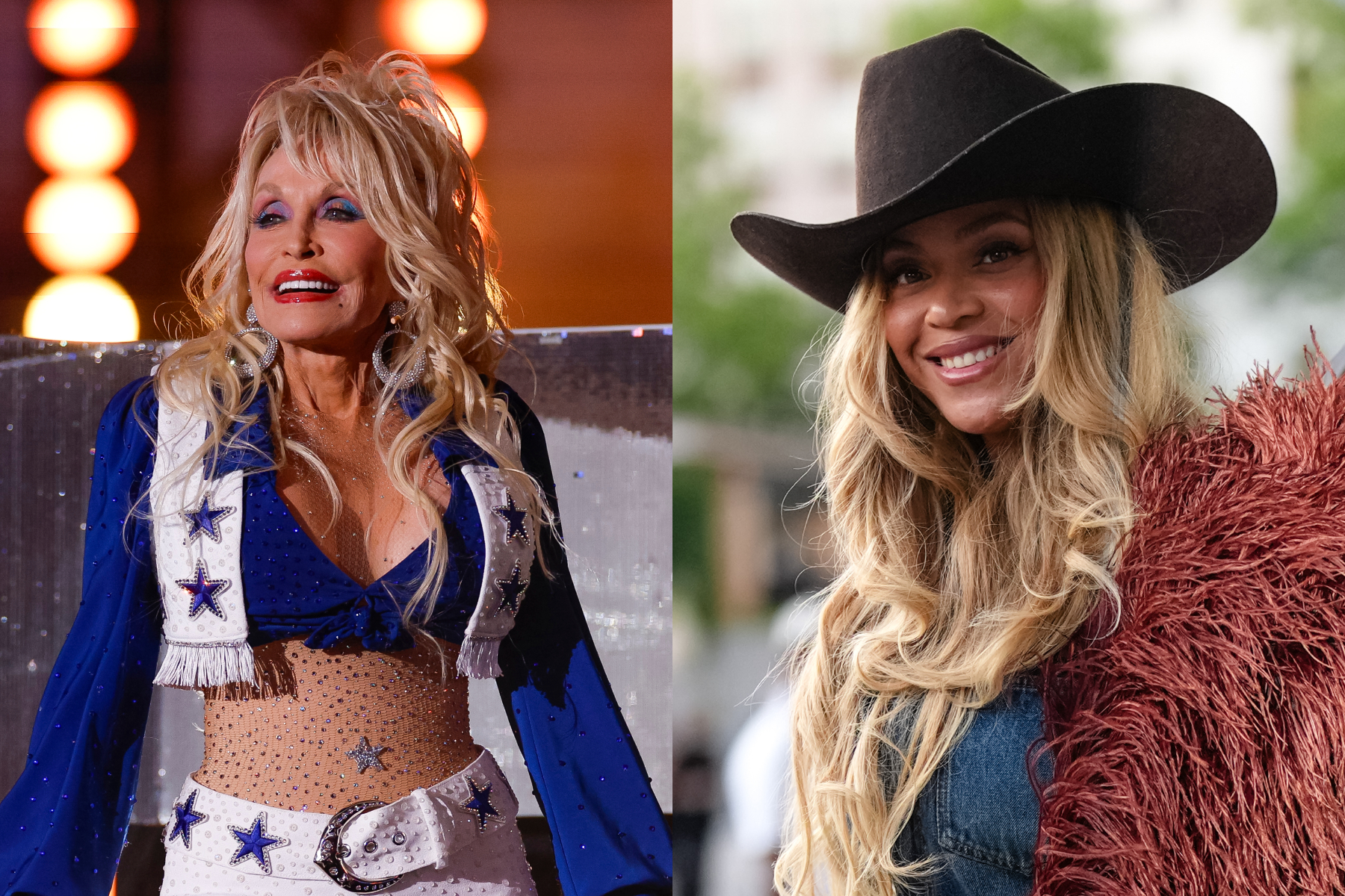 Beyoncé and Dolly Parton photo collage celebrating Cowboy Carter collaboration