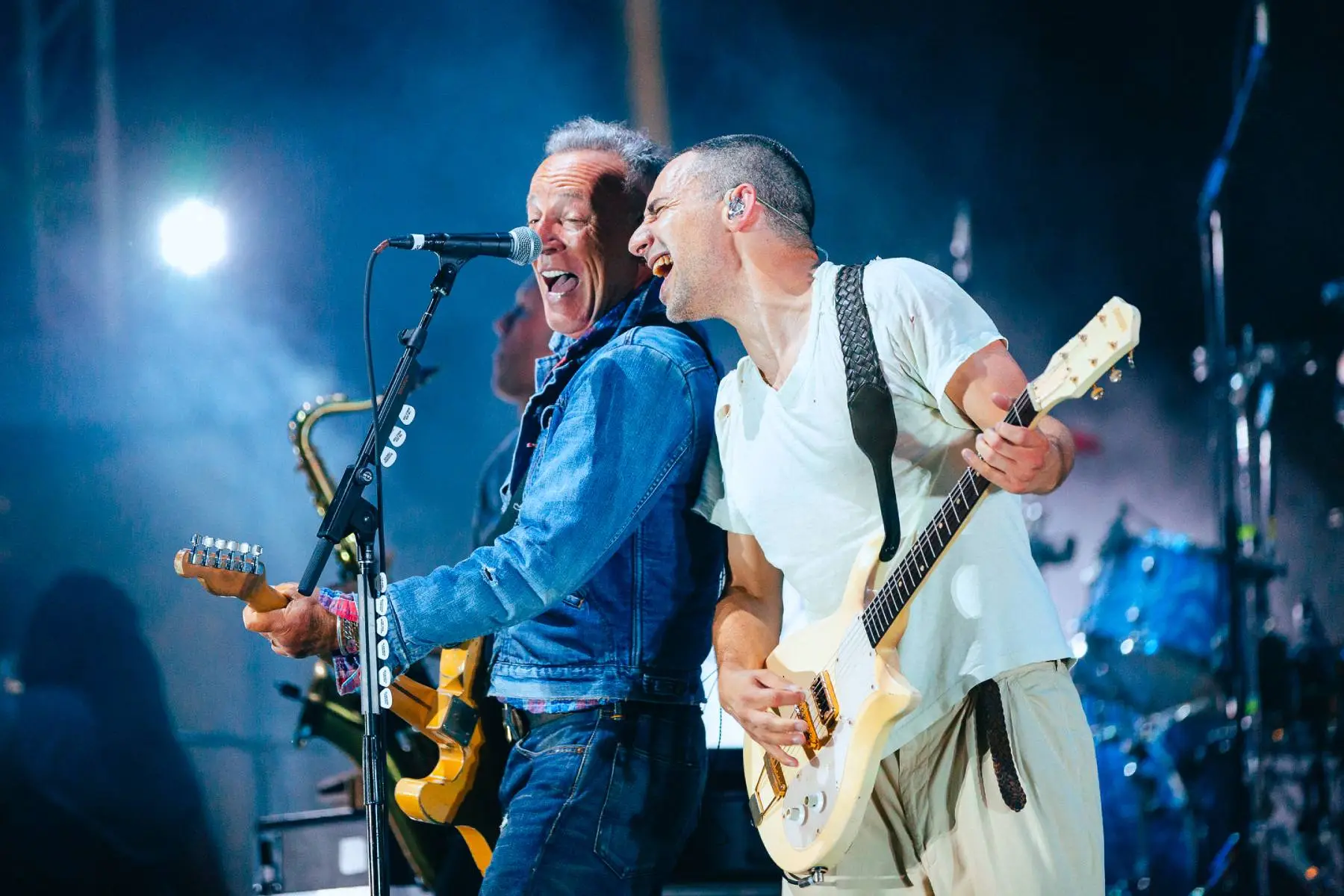 Bruce Springsteen and Jack Antonoff of Bleachers performing together on stage in Asbury Park.