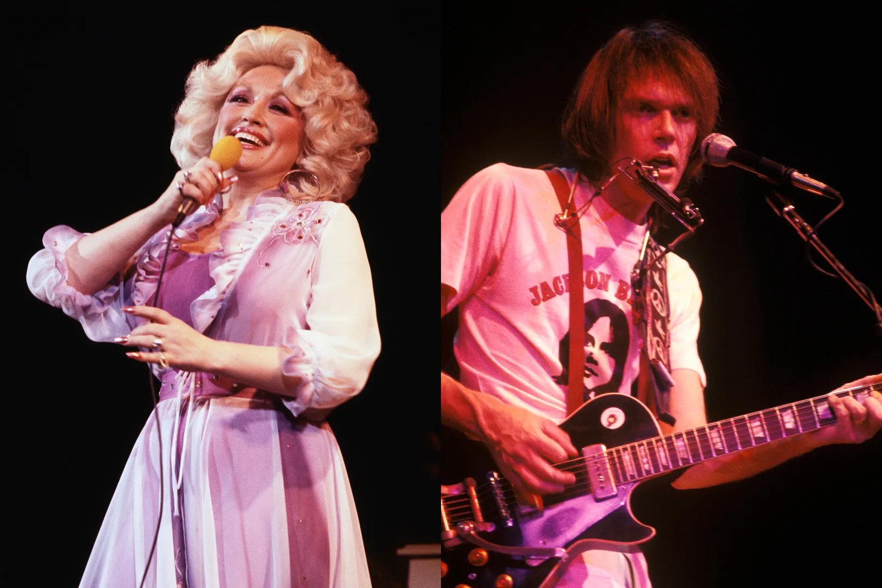 Dolly Parton and Neil Young concept art representing their 1970s concert bill