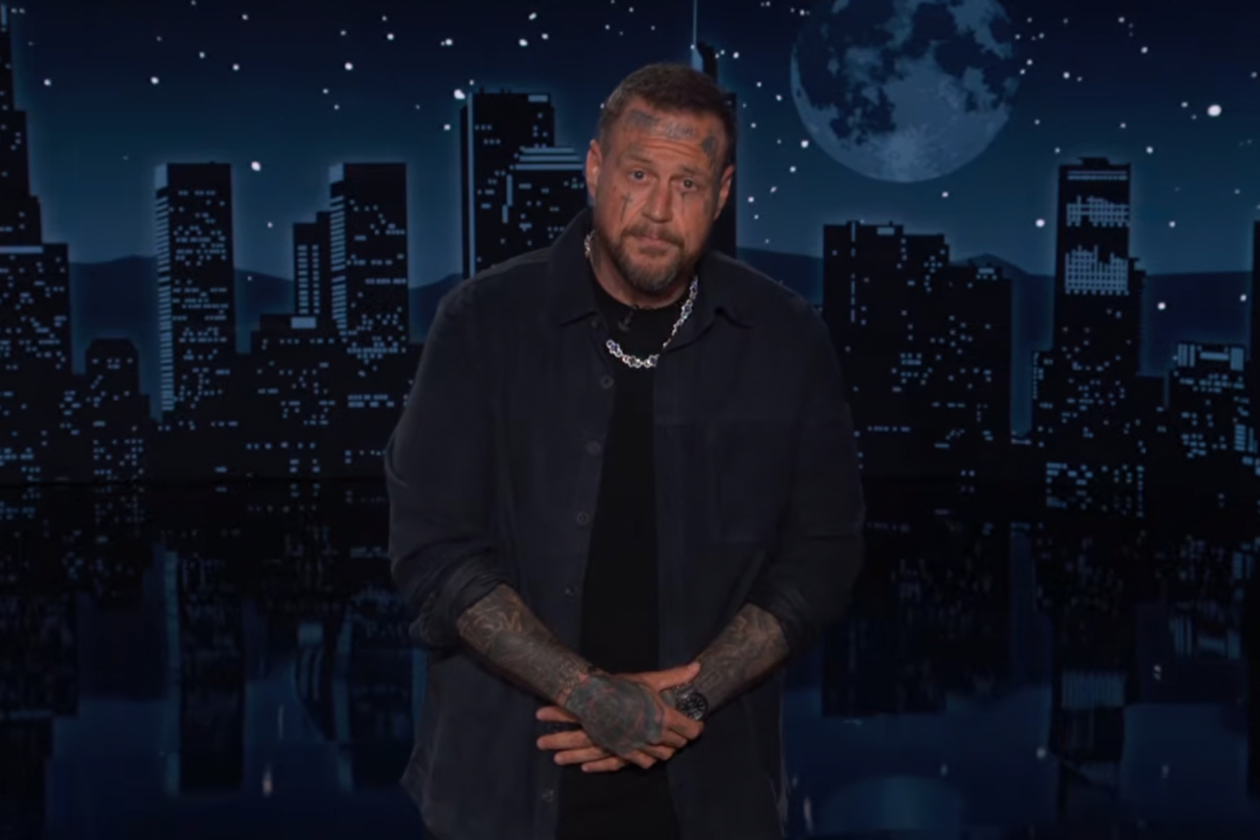 Jelly Roll guest hosting Jimmy Kimmel Live and talking about Dolly Parton