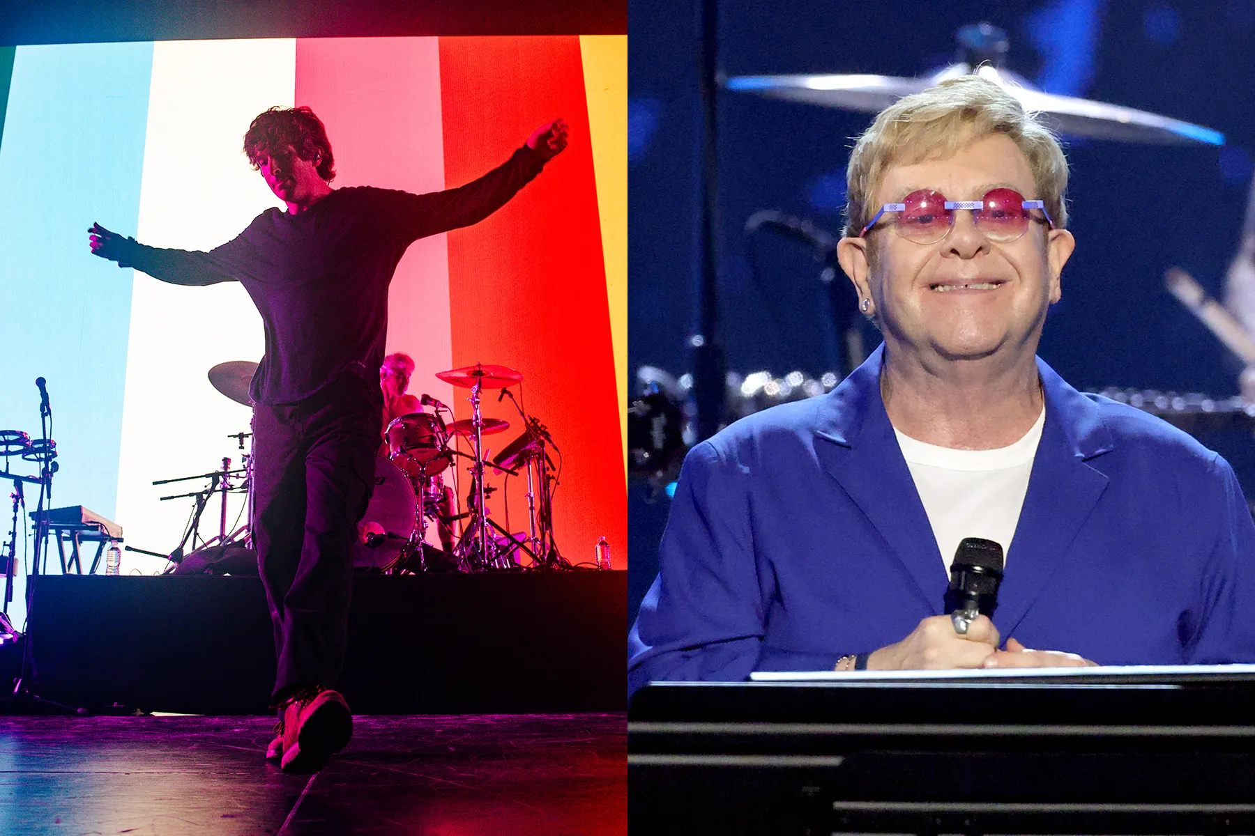 Elton John performing on stage under concert lights