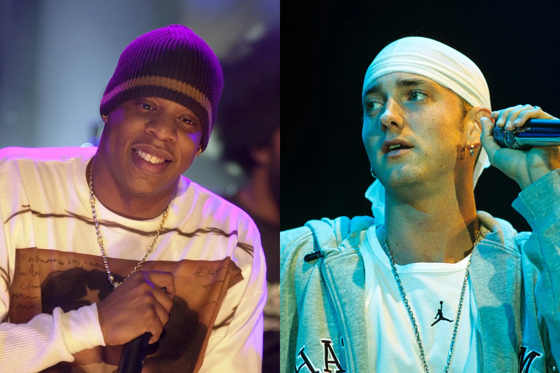 Hip-hop superstars Jay-Z and Eminem standing together