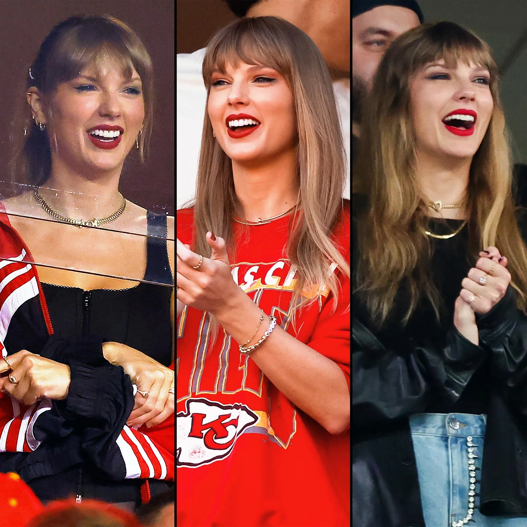 Taylor Swift watching a Kansas City Chiefs game wearing red gear and red lipstick