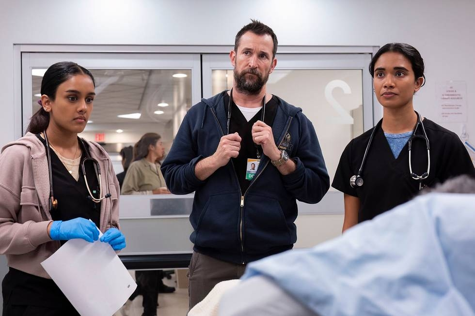 Noah Wyle looking intense on the set of hospital drama The Pitt