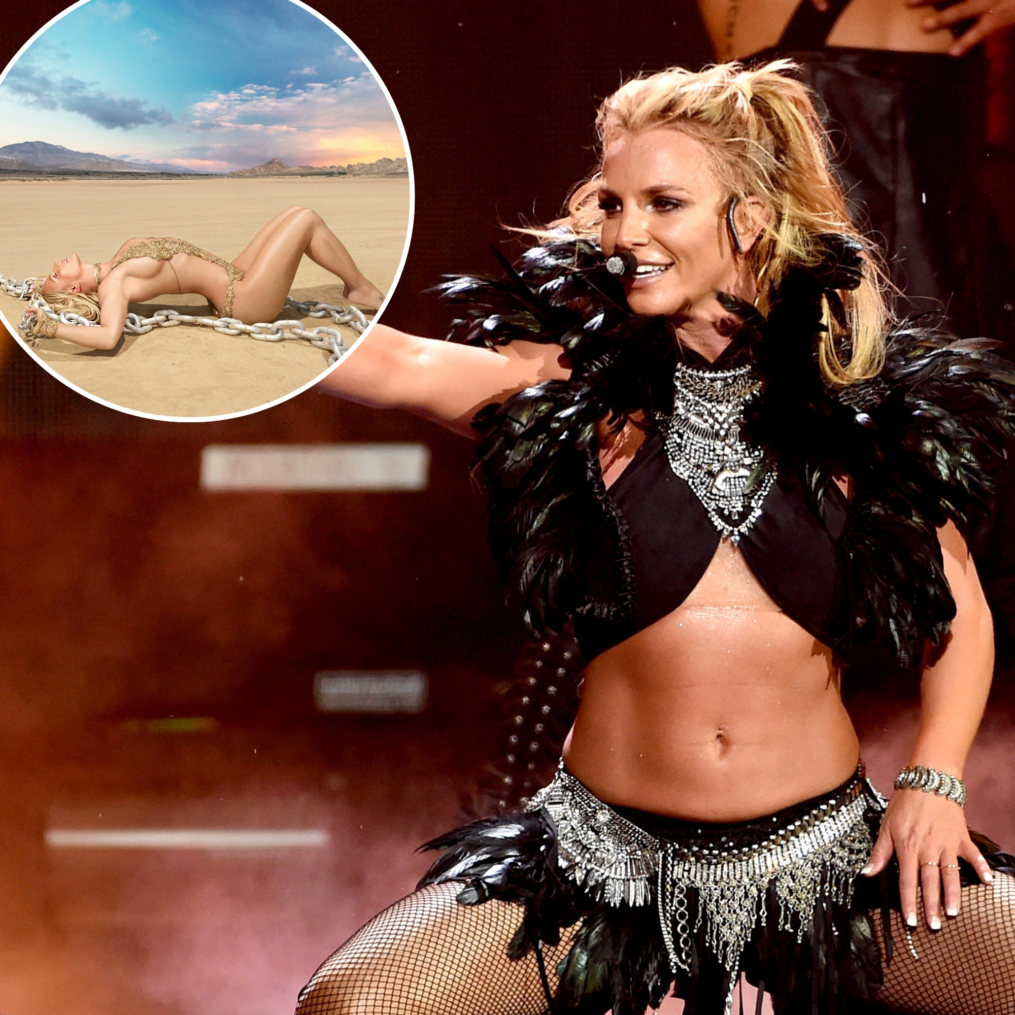 Britney Spears performing on stage in a glam outfit