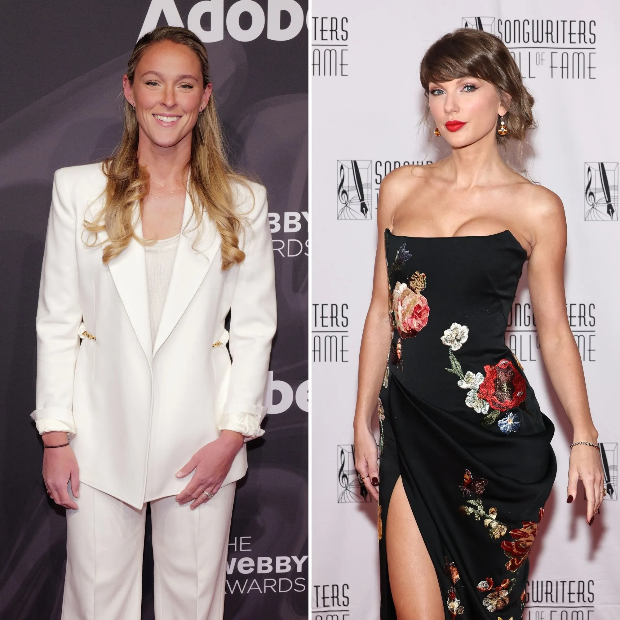 Kylie Kelce talking on a podcast mic next to Taylor Swift