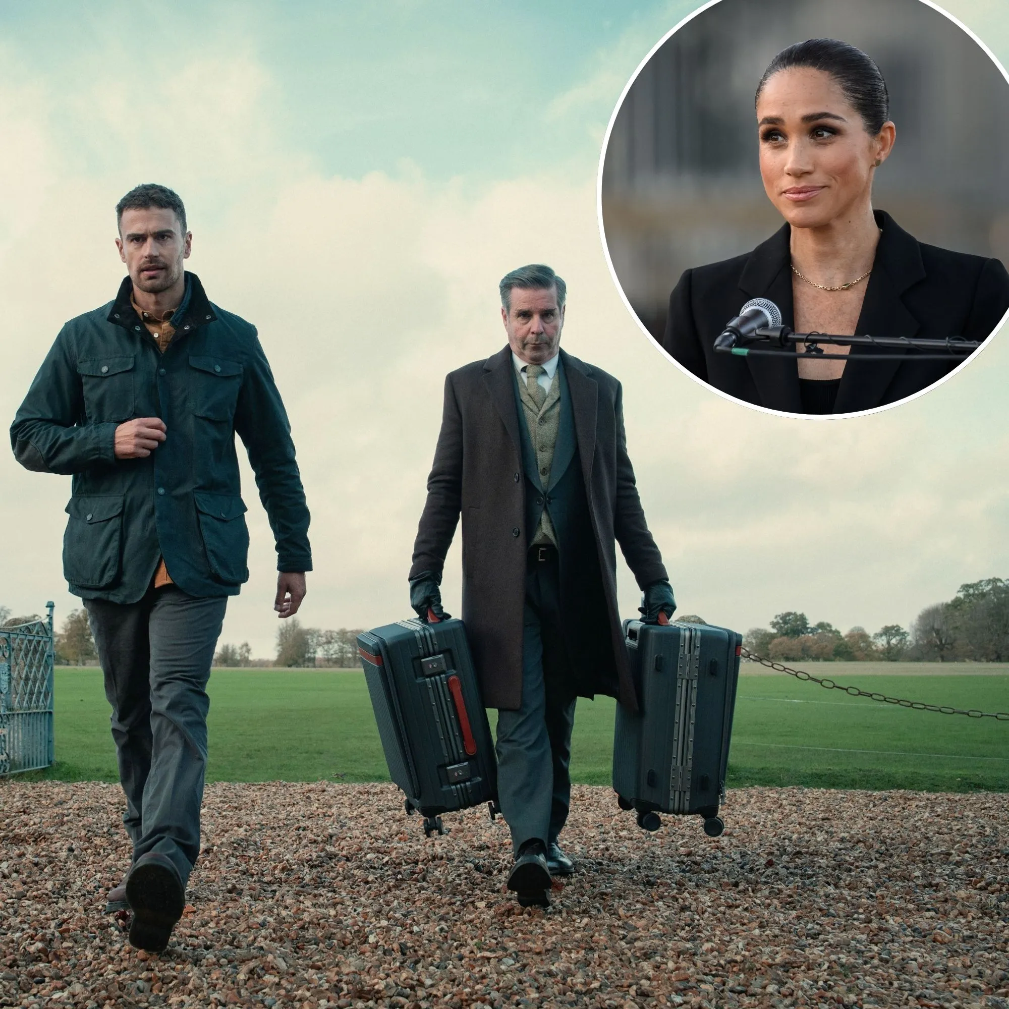 Theo James and Kaya Scodelario posing at a red carpet event for Netflix's The Gentlemen