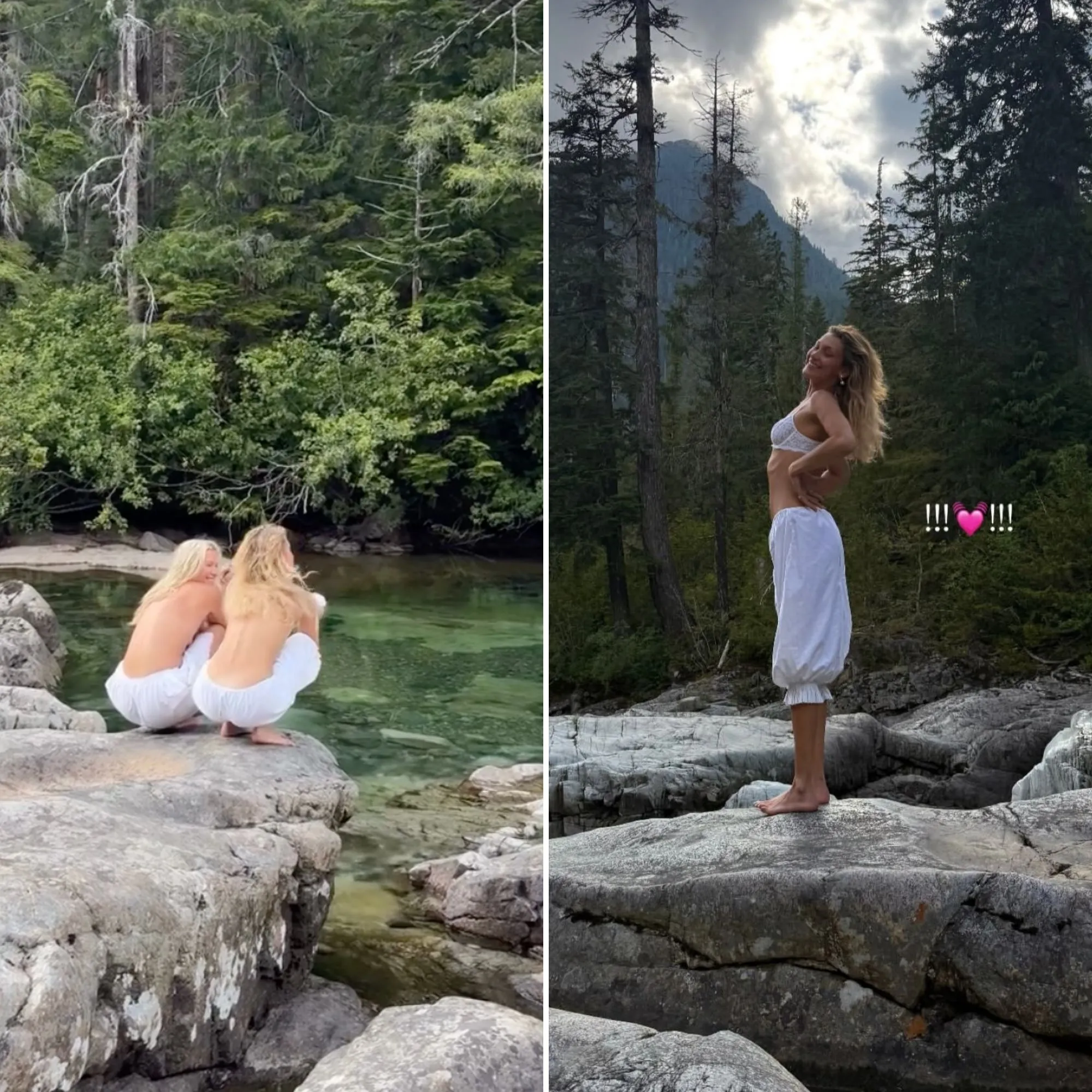 Bella Hadid posing outdoors in a stylish outfit during a scenic vacation