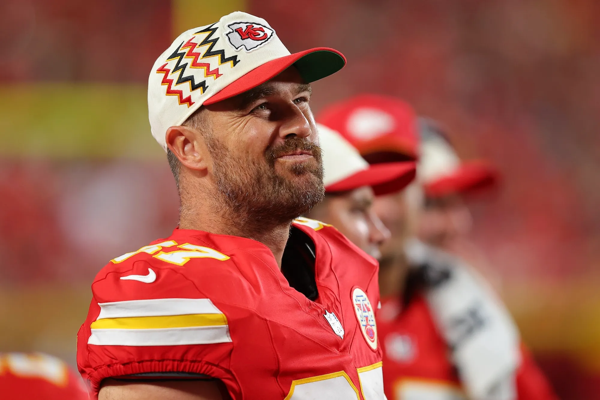Travis Kelce speaking during an interview
