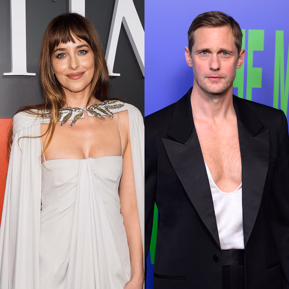 Dakota Johnson and Alexander Skarsgård posing close together for a photoshoot