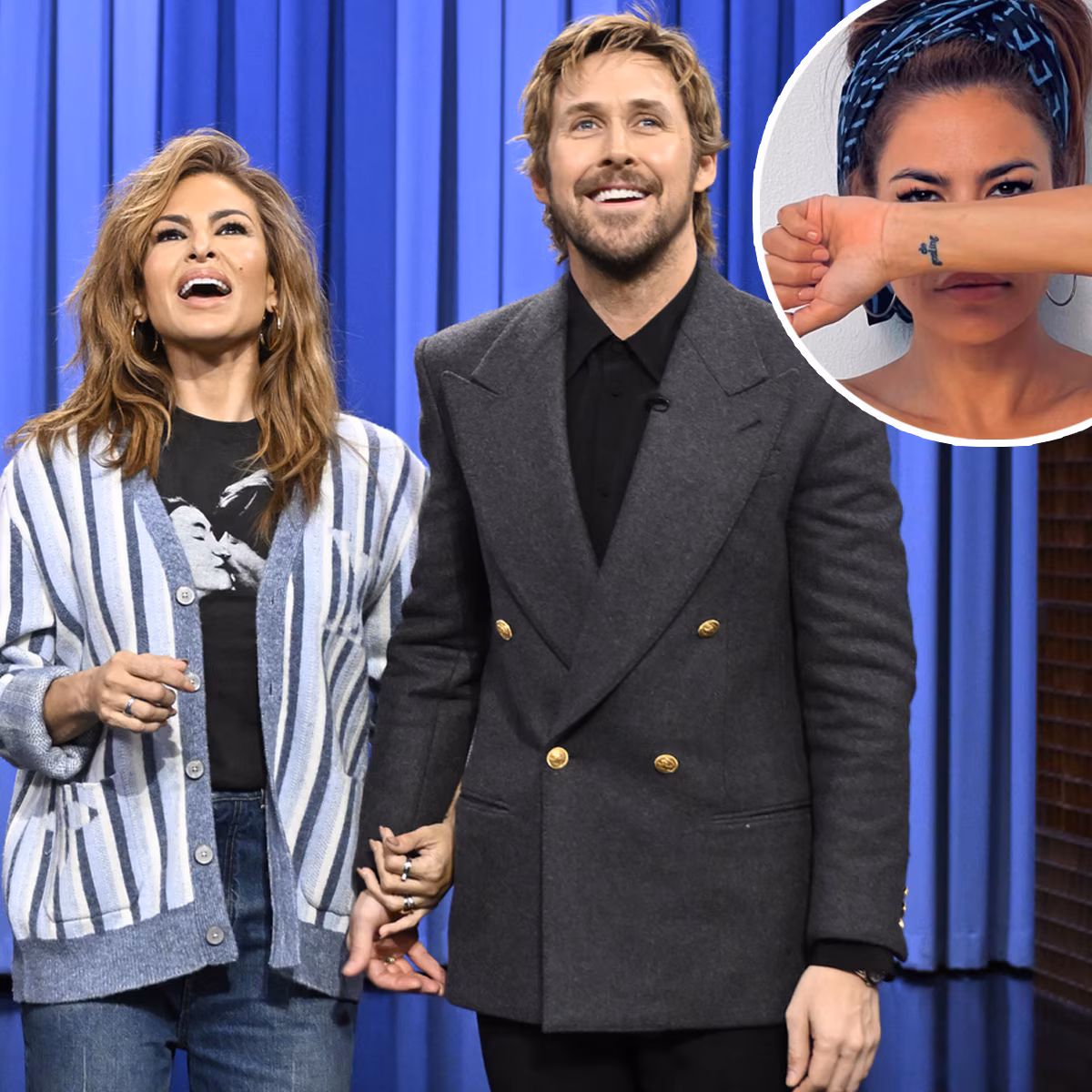 Eva Mendes showing off her wrist tattoo dedicated to Ryan Gosling