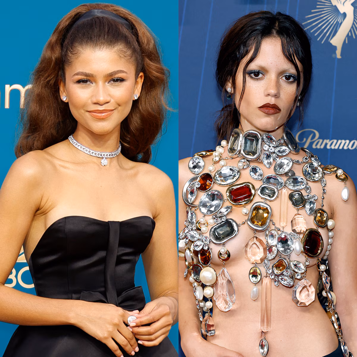 Zendaya and Jenna Ortega posing on the Emmy Awards red carpet