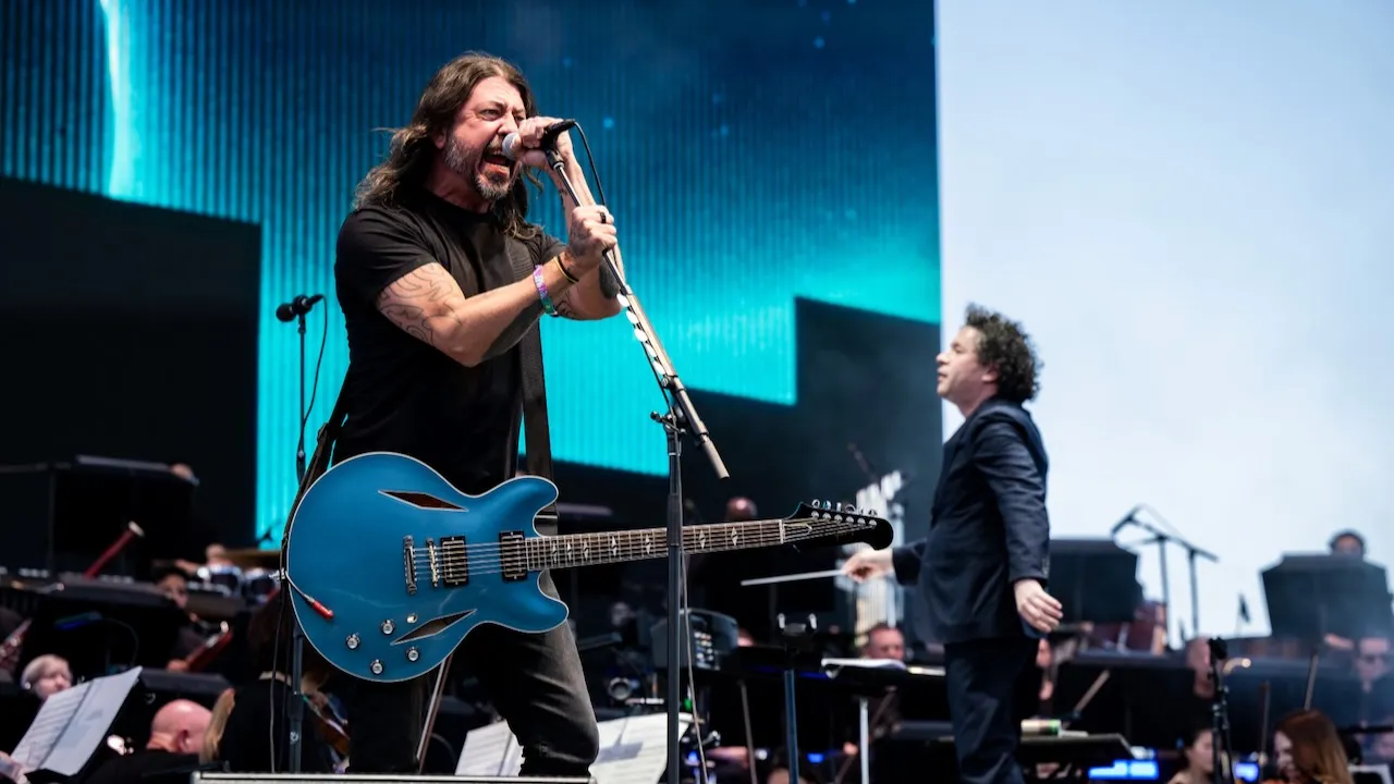 Foo Fighters performing on stage at a live venue