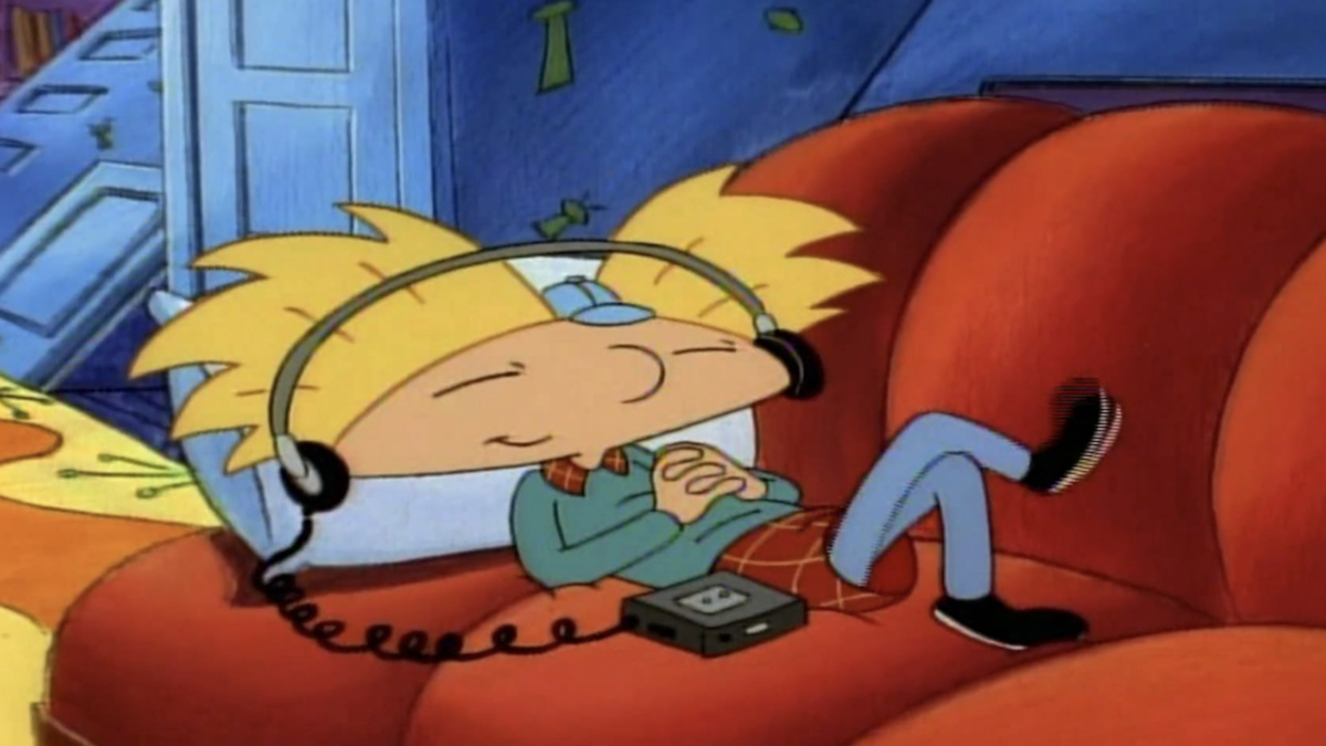 An illustration of Arnold from Nickelodeon's Hey Arnold alongside a jazz saxophone.